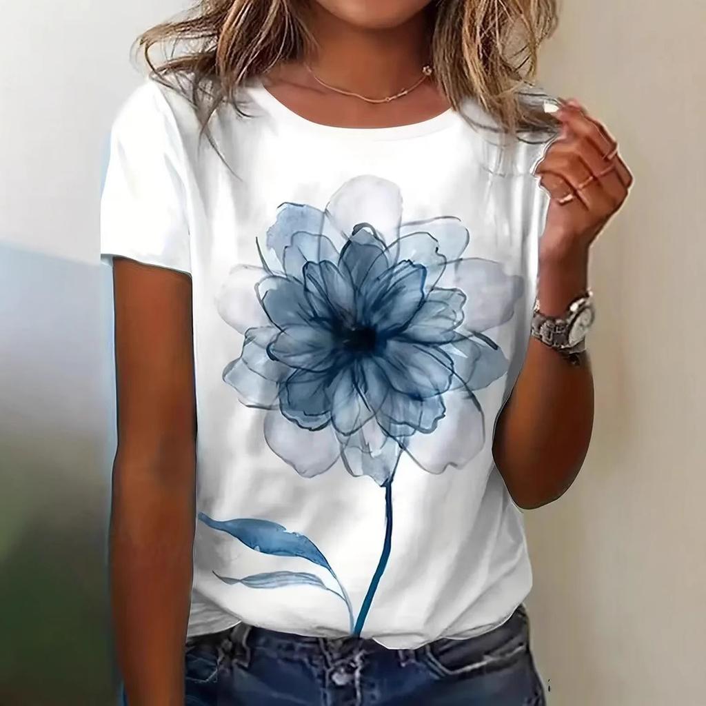 Womens' Retro 3D Floral Print Blue and White Watercolor Flower Short Sleeved Summer T-shirt