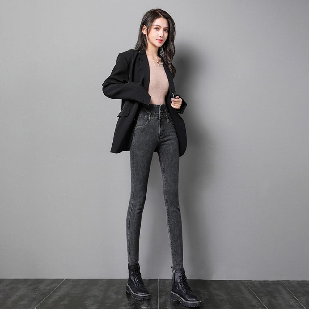 

Высокие и худые джинсы, женские осенне-зимние облегающие джинсы-карандаш, узкие, теплые, с маленьким клешем 29