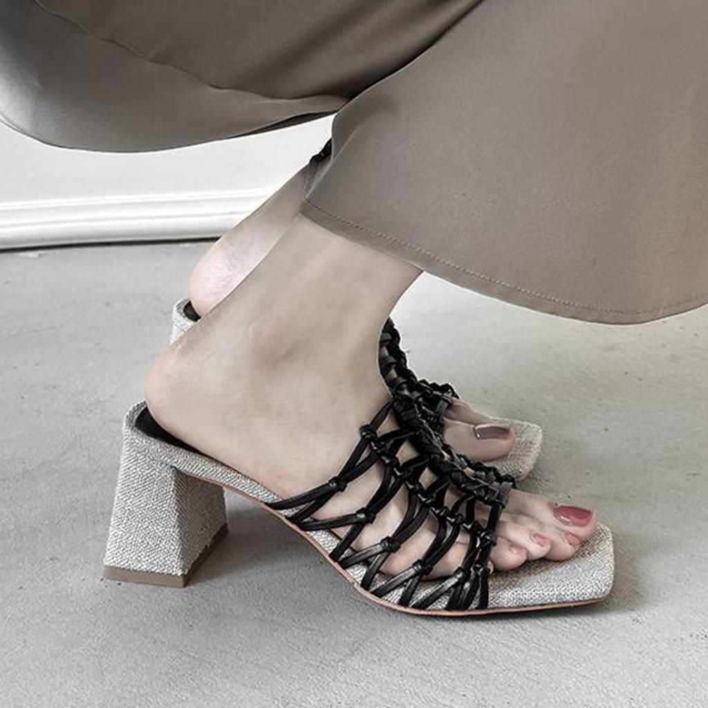 Krazing Pot Straw Weaving Handmade Summer Size 40 High Quality Slip on French Chic Chunky Heels Women Peep Toe Sandals