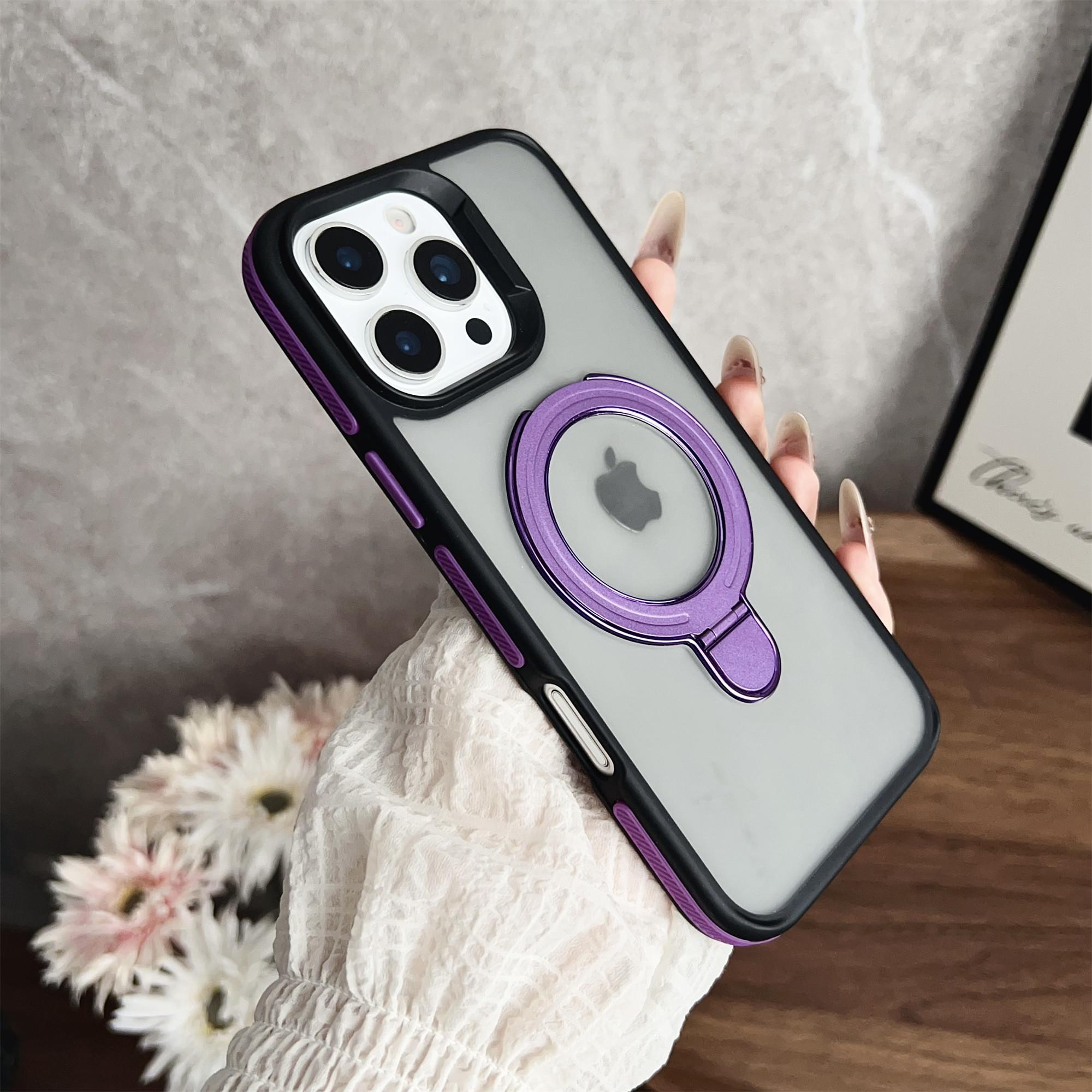 

For iPhone 16 Pro Max Magnetic Case with Kickstand Dual-Color TPU+Acrylic Phone Back Cover Purple