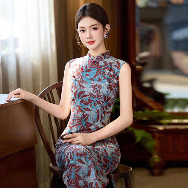 Purple sleeveless daily national style new Chinese style Suzhou long cheongsam improved young 1011 new women's high sense