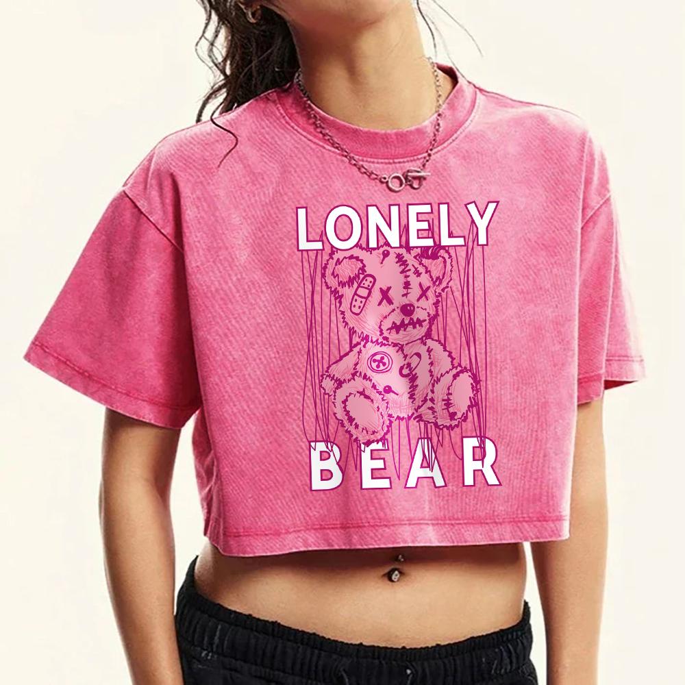 Pink Lonely Repairing Bear Printing Women Washed T-Shirts Fitness Crop Top Summer Tee Shirt Slim Casual Female Clothing