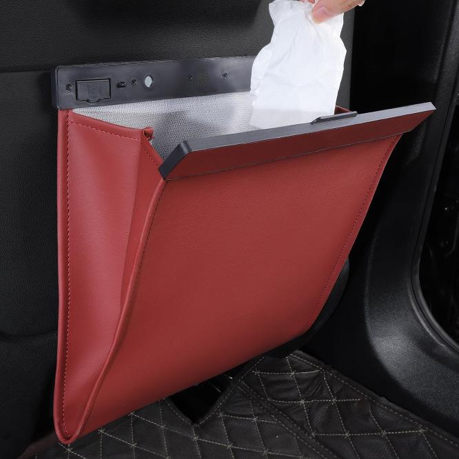 Car Leather Garbage Bags, Rear Seat Backrest Hanging Magnetic Absorption for Car Interior Cleaning Supplies