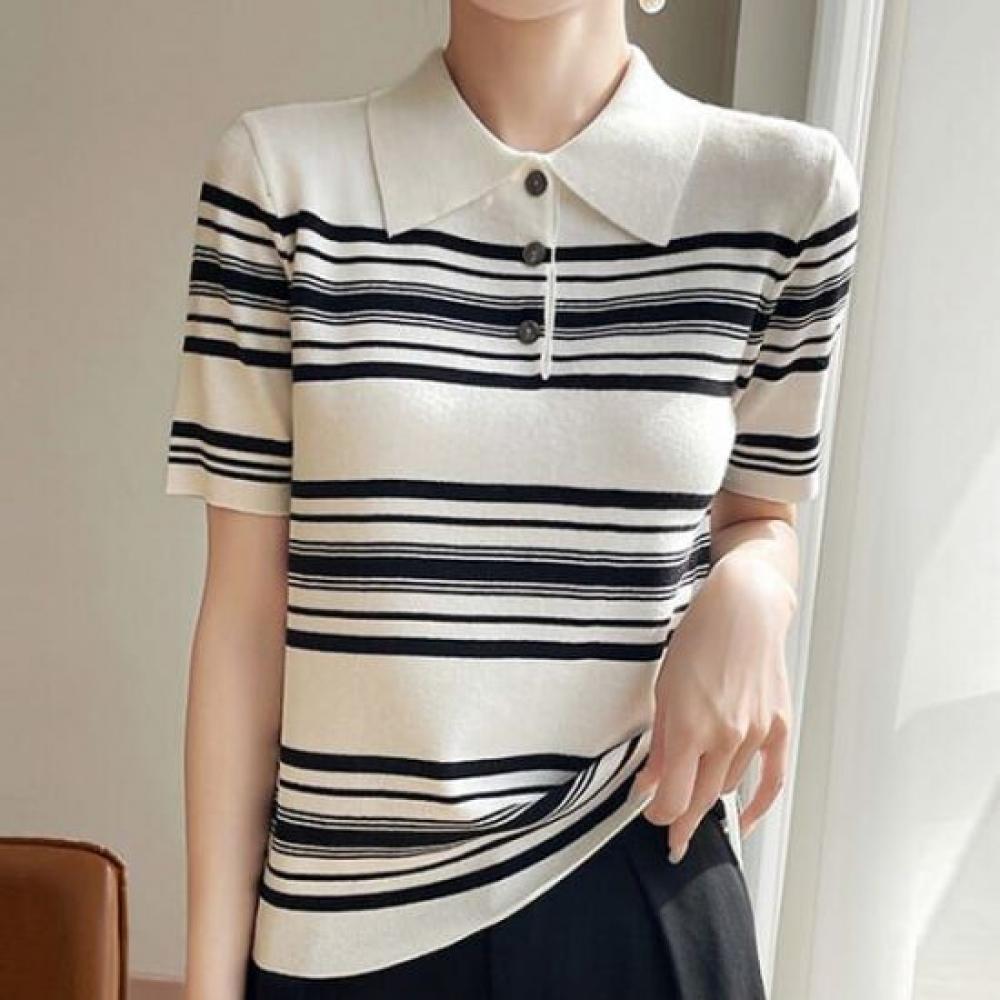 Navava Daily Stripe Collar Half Sleeve Knit Tee Nk2947