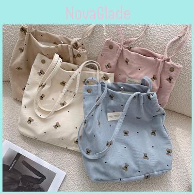 Trendy Corduroy Cartoon Bear Canvas Tote Bag Large Capacity Stylish Handbag For School