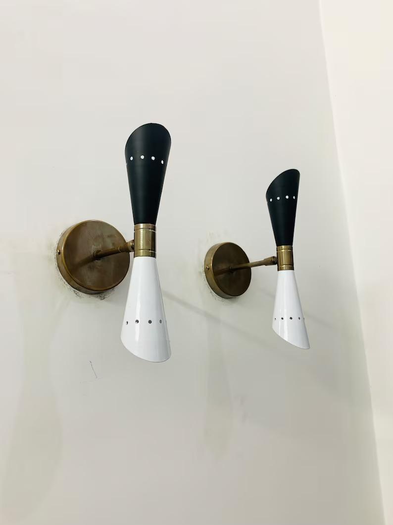 

Mid Century Brass Wall Sconce Pair: Italian Diablo Bedside Lamps