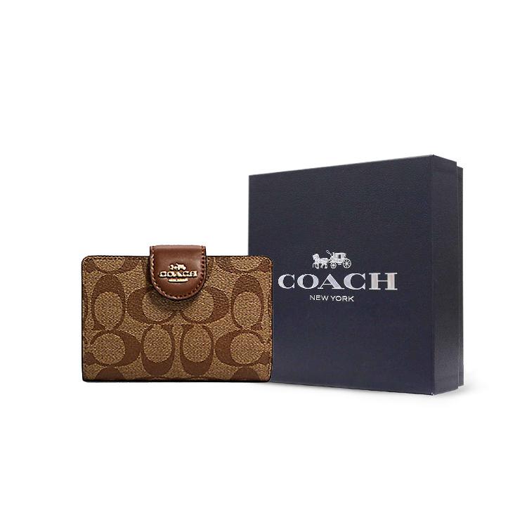 New COACH Corner Zip Canvas With Leather Clutches Wallets Medium Size Women's Brown C0082-IME74