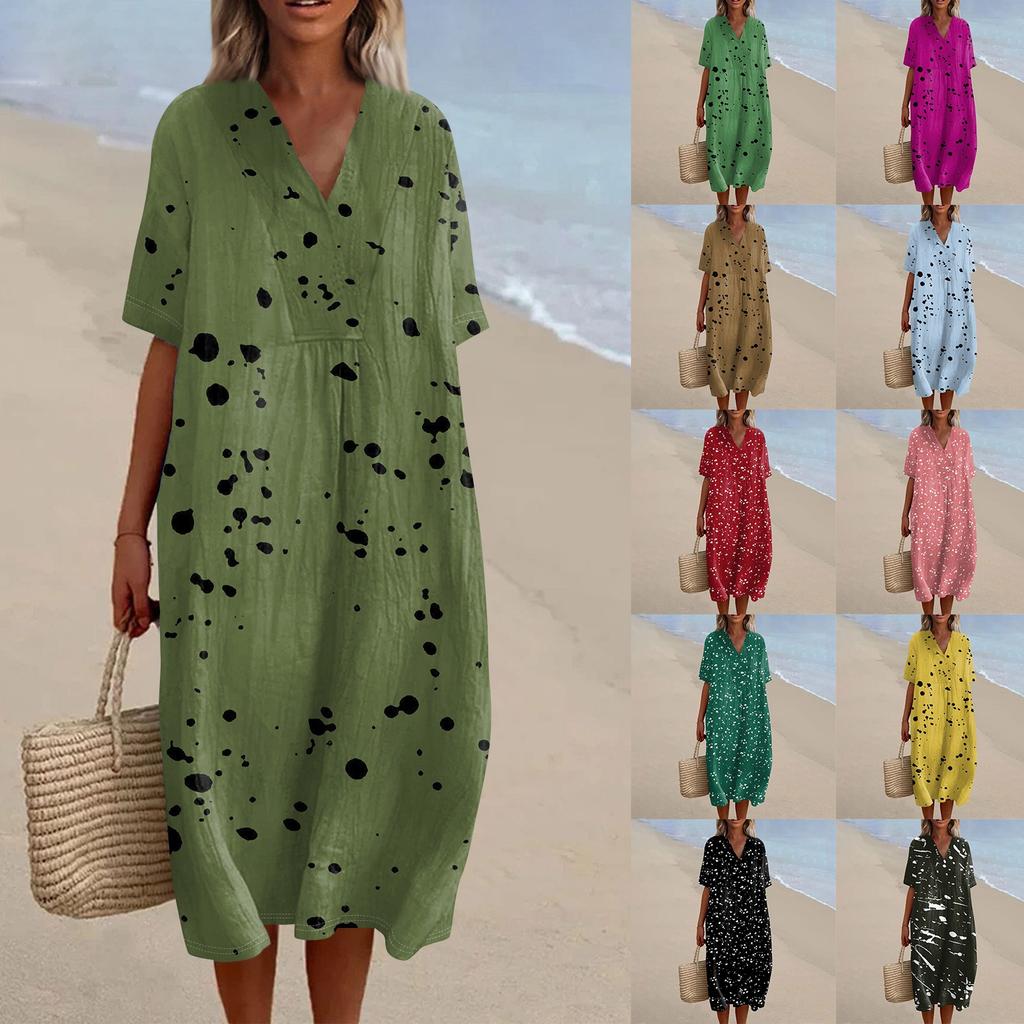 Damska luźna codzienna sukienka modowa z nadrukiem z dekoltem w serek spódnica plażowa