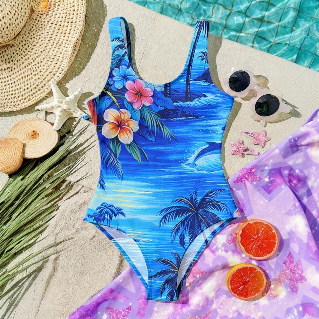 Girls One Piece Swimsuit Palm Tree Print Summer Beach Swimwear Lightweight Quick Dry Bathing Suit for Kids