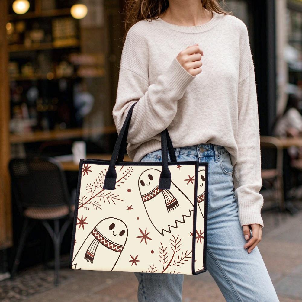 Cute Ghost Winter Canvas Tote Bag Portable Daily Shopping Handbag For Women Fashion Casual Large Capacity Grocery Carry Shoulder Bag