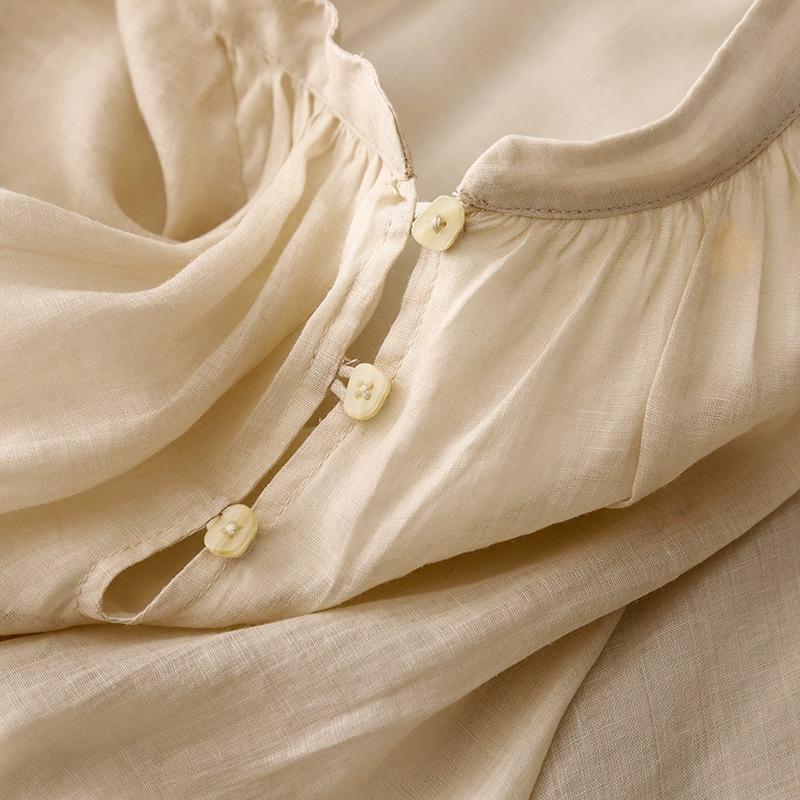 Stand-up collar nine-point sleeve solid color cotton and linen dress for women's 2025 spring new small lazy wind loose belly long dress