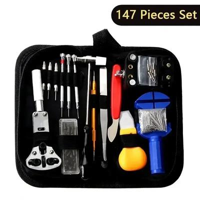 Kit de reparo de relógio 147 peças, removedor de caixa traseira, abridor de pino de ligação, barra de mola, abridor de caixa, conjunto de ferramentas de reparo profissional