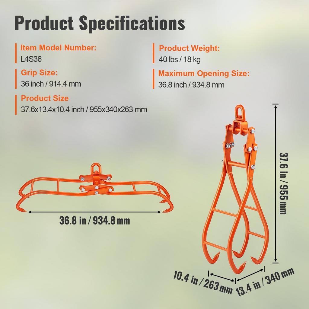 VEVOR Timber Claw Hook, 36 Inch 4 Claw Log Grapple for Logging Tongs, Swivel Steel Log Lifting Tongs