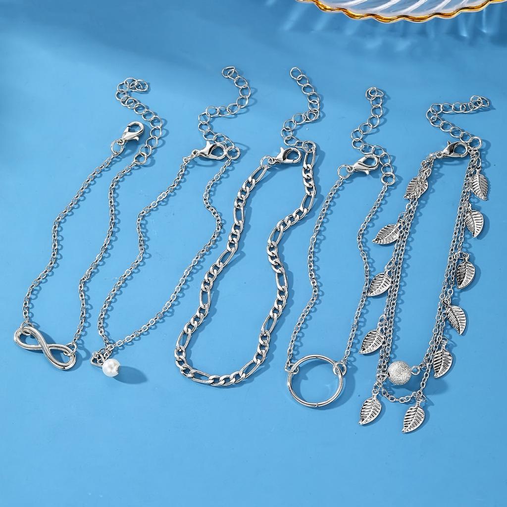 Gold Bead Leaf Pendant Anklet Set, Vintage Beach Style, Multi-Layer Pearl Stacked Anklet Set