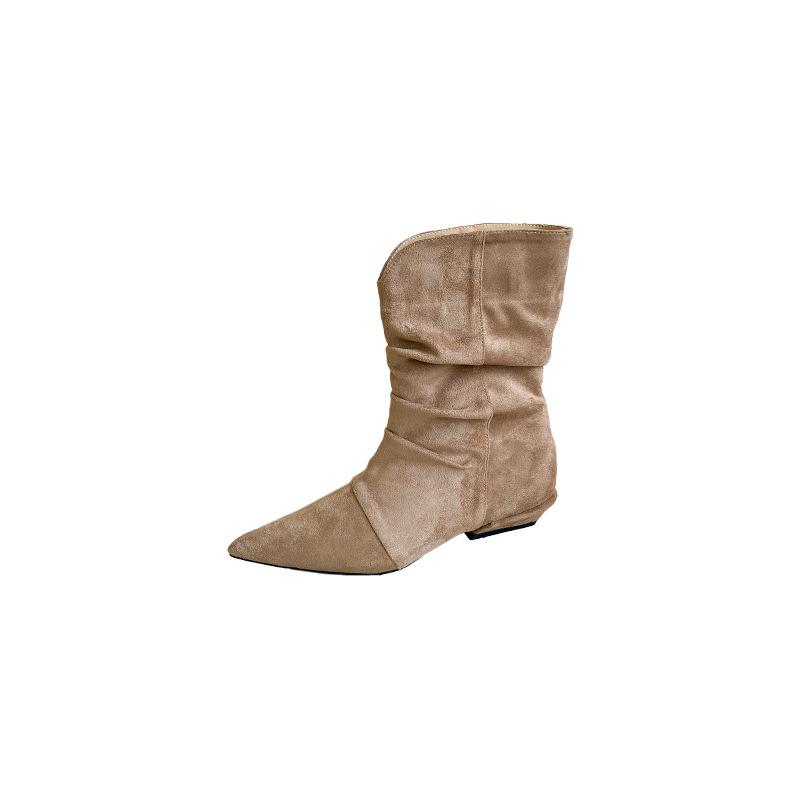 Autumn and winter new pointed small square heel French fashion suede pleated piled boots short boots