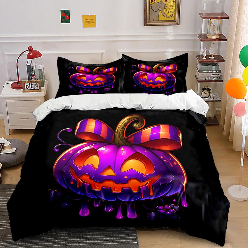 Halloween Pumpkin Decoration Set Soft Skin-Friendly Bedding Set Includes 1 Duvet Cover And 2 Pillowcase Gift