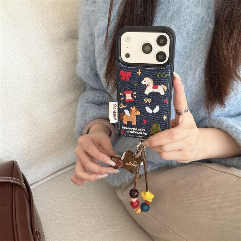 Denim Blue Wings Embroidery Horse Case for iPhone 17/16 Pro Max/15/14 - Women's Autumn/Winter Edition