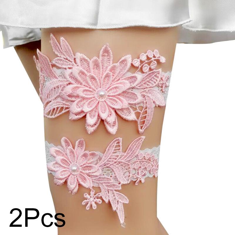 2 stücke Hochzeit Braut Strumpfbänder Spitze Blumen Nachahmung Perlen Elastische Bein Schleife Elegante Oberschenkel Bein Strumpfband Hochzeit Kleid Zubehör