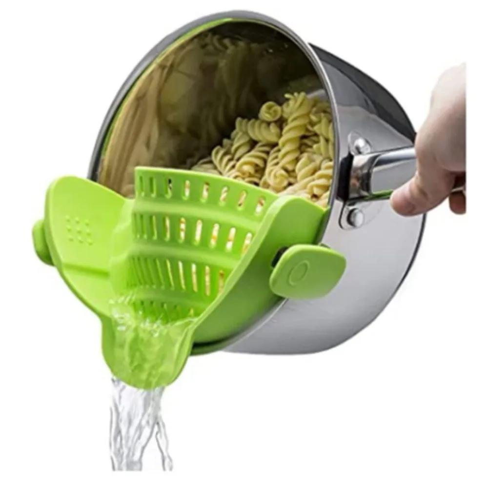 

New Silicone Clip-On Strainer Universal–Anti-Spill Pasta & Vegetable Colander, Food-Grade for Fruits, Pasta, and Cooking Good зелений