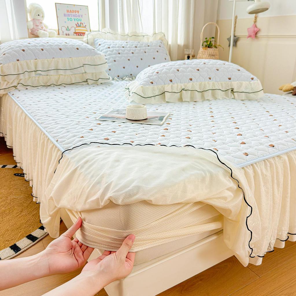 Korean Style Crinkled Gauze Quilted Bed Skirt with Fresh Lace Trim - Non-slip Home Bedding Set