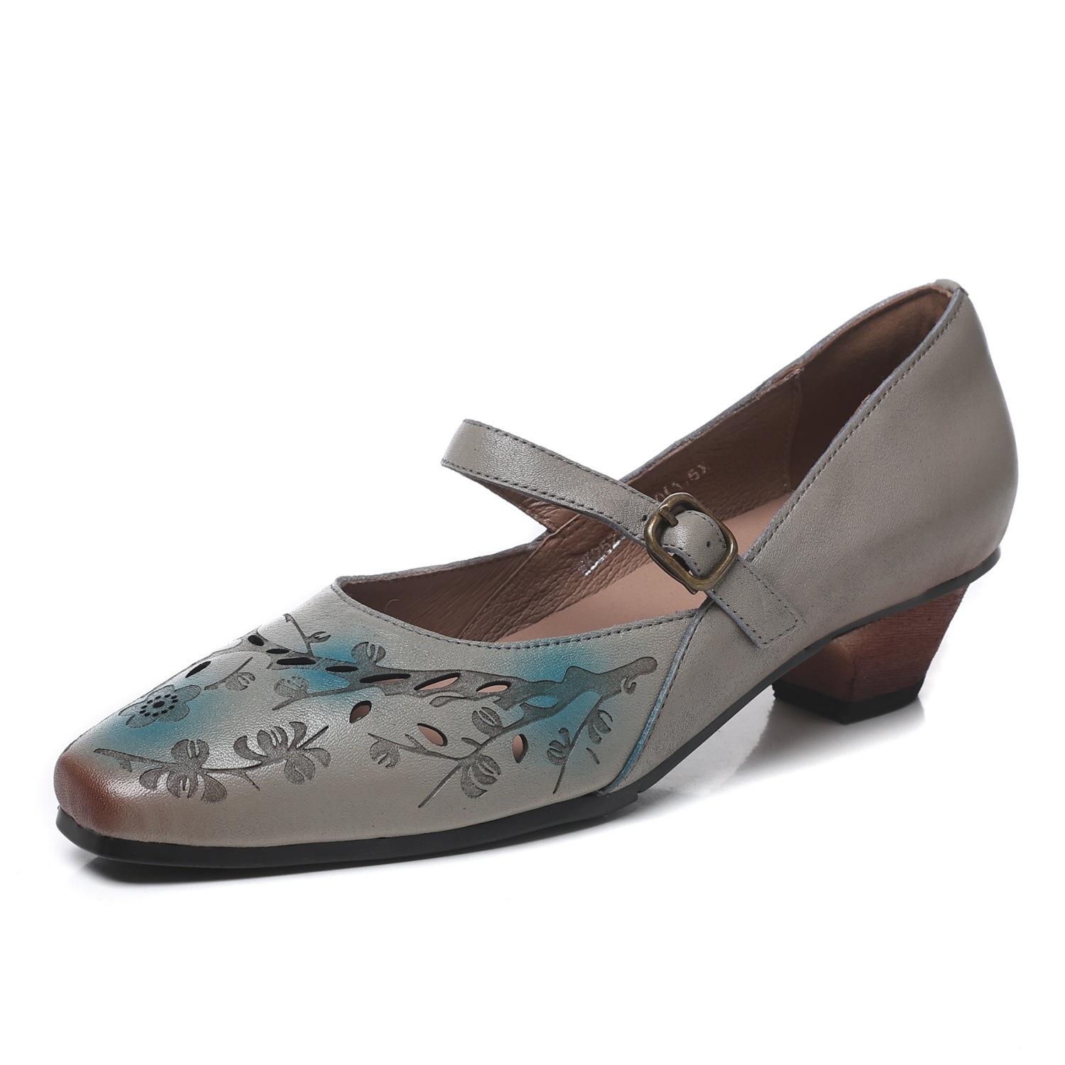 

Johnature Chinese Style Retro Printed Square Toe Mary Jane Shoes Genuine Leather Women s Mid Heel Shoes 40