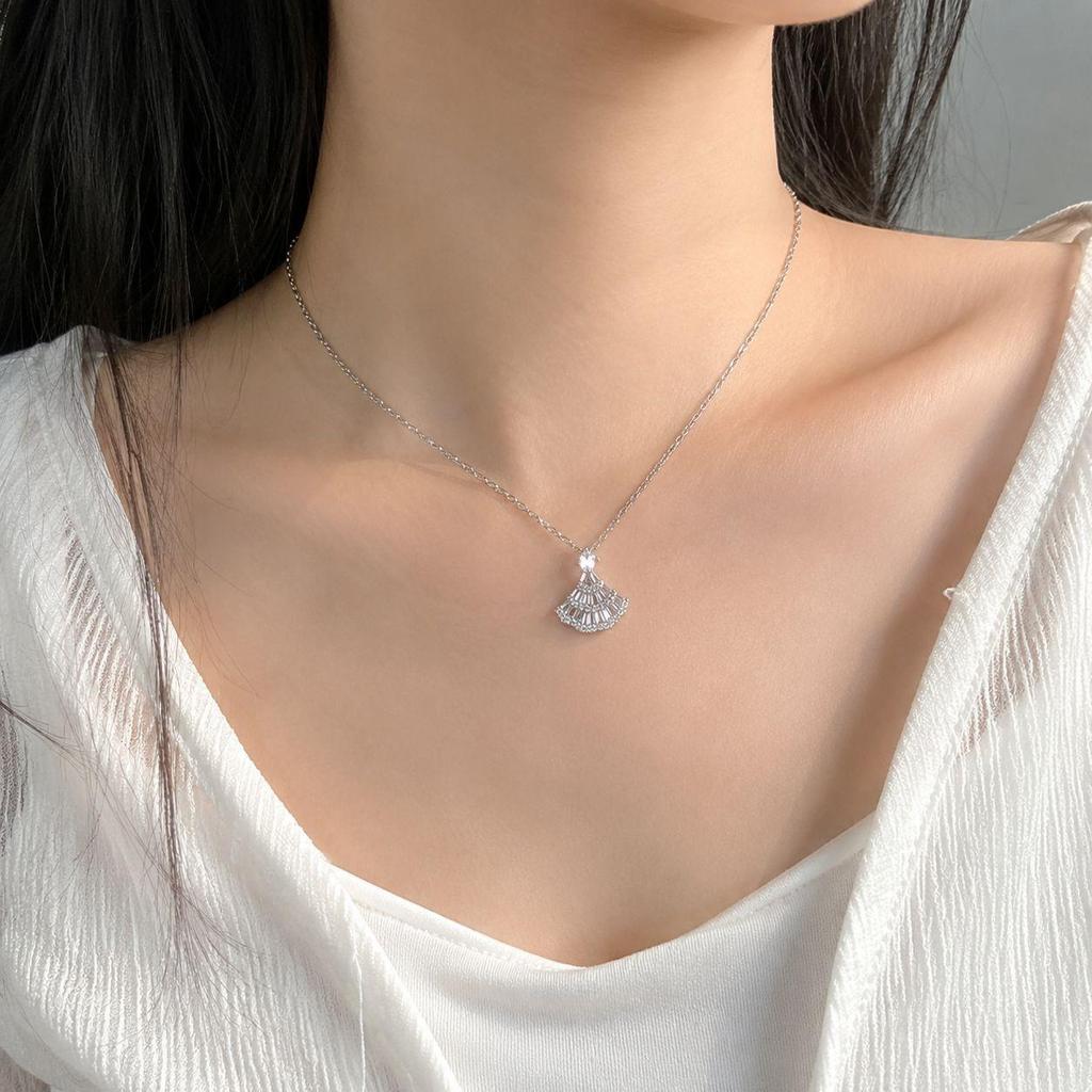 Exquisite Zirconia Pendant Necklace: French Fan Design with Skirt Hem and Collarbone Chain