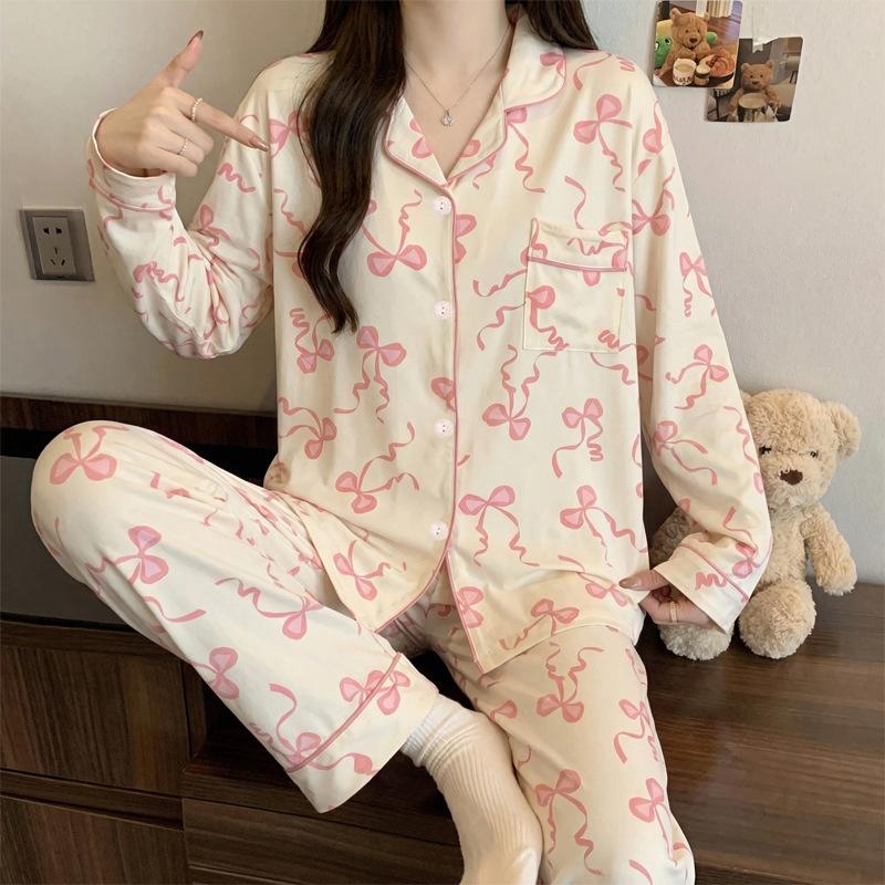 Imitation cotton ins style bow pajamas women's spring new fashion lazy long-sleeved loungewear two-piece set