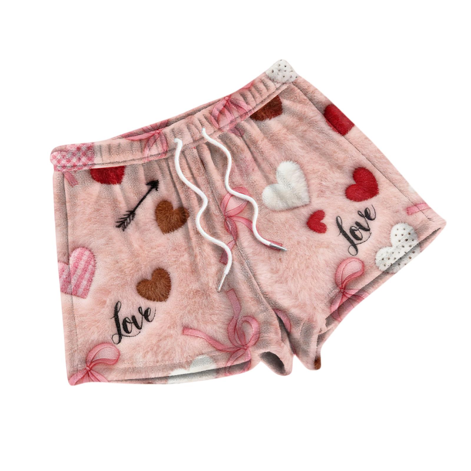 Women s Fashion Sleep Pants Valentine s Day Printed Casual Plush Shorts S розовый