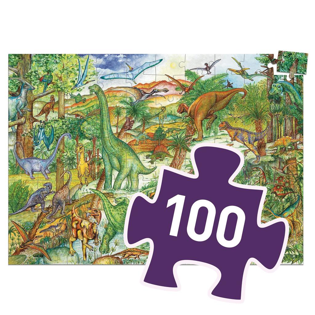 DJECO Dinosaur Observation Puzzle 100 Pieces Jigsaw Puzzle - Dinosaur Puzzle for Kids - Picture Search, Item Search, Educational Toy, Montessori, Ages