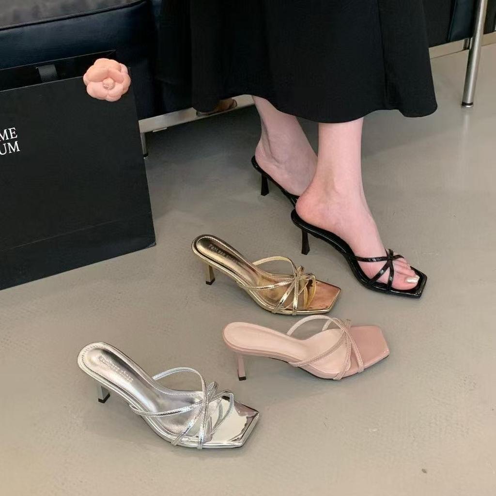 In the Summer of 2025, the New One-word Strap Square Head Open-toed Hollow Stiletto Lazy Person Wears Half-drag Holiday Sandals Women