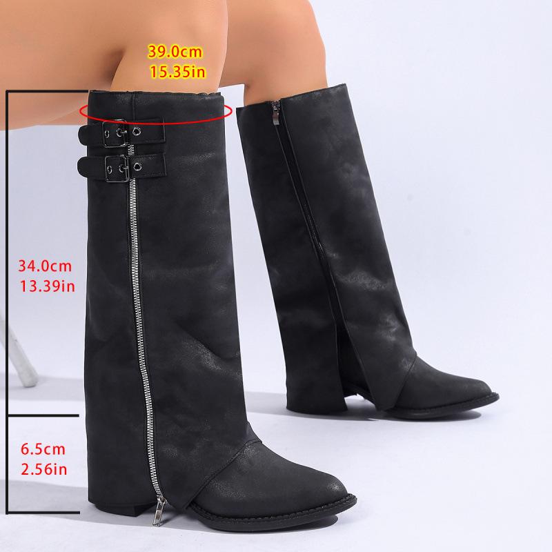 Pointed retro belt buckle high-heeled trouser boots autumn new large-size side zipper cowboy boots