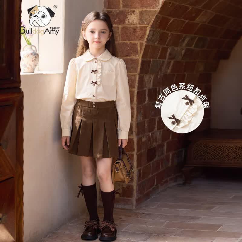 Chanzuigou Girls' Beige Ruffled Long-Sleeve Cotton Shirt