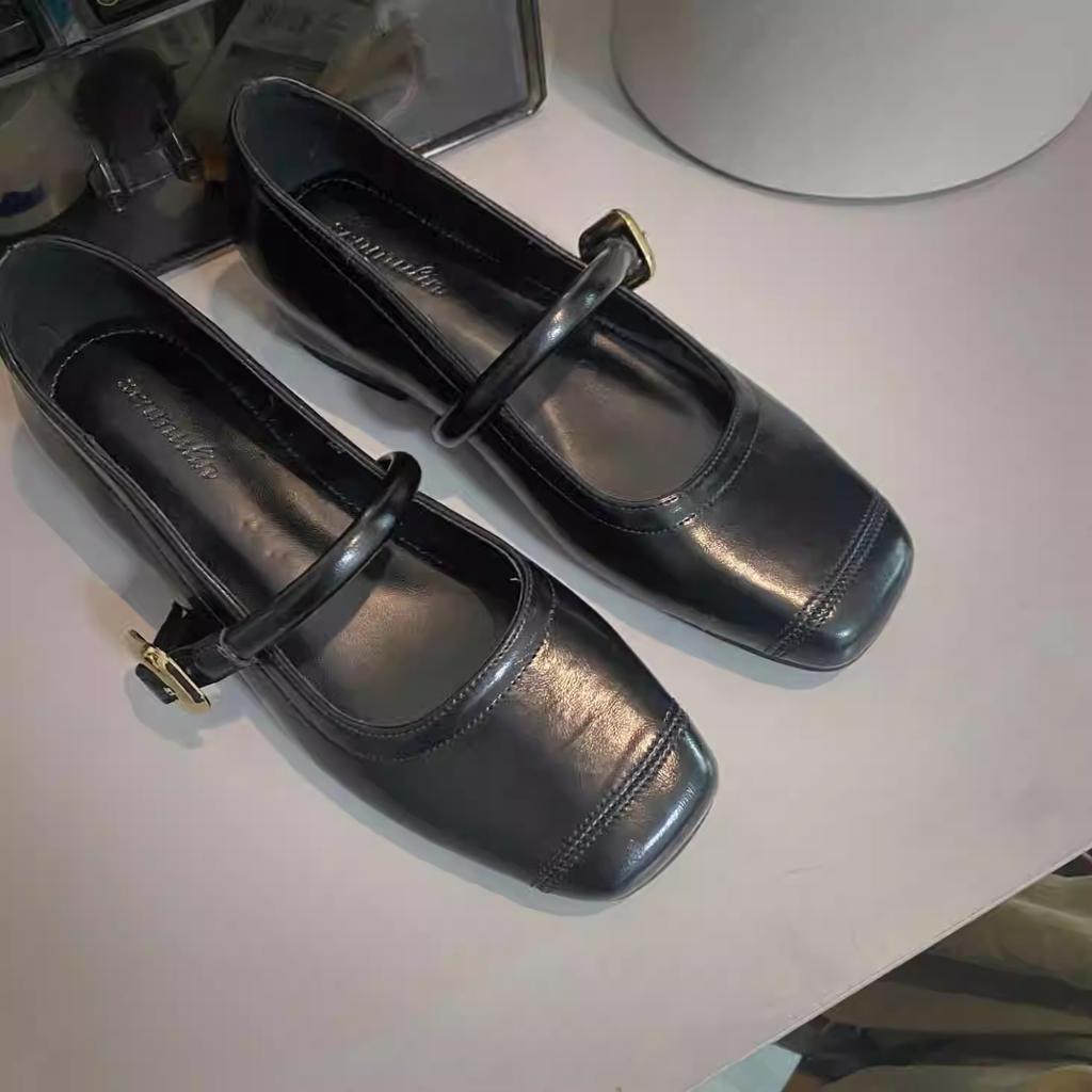 Retro soft leather heightened by 5 cm Mary Jane women's shoes one-word buckle belt square head shallow mouth evening breeze elegant single shoes