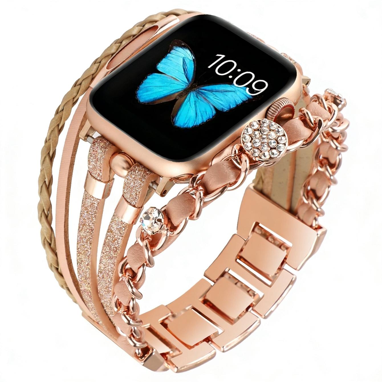 

New Bling bracelet leather loop For Apple Watch band Strap women series S11 10 9 8 40mm 41mm 38mm 42mm 44mm 45mm 46mm S10 S11 46MM темно-рожевого кольору