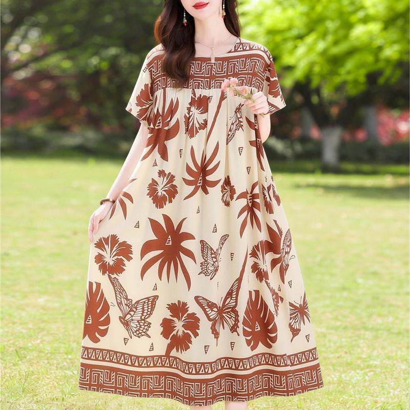 Μεγάλο μέγεθος Φαρδύ Vintage Print Μακρύ Φόρεμα για Γυναικεία Casual κοντομάνικα καλοκαιρινά γυναικεία φορέματα