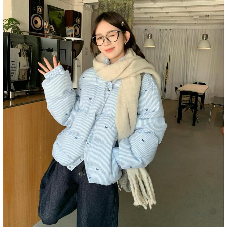 Wind Striped Bow Cotton Jacket Winter Design Sense All-match Thick Warm Jacket Blue Tide