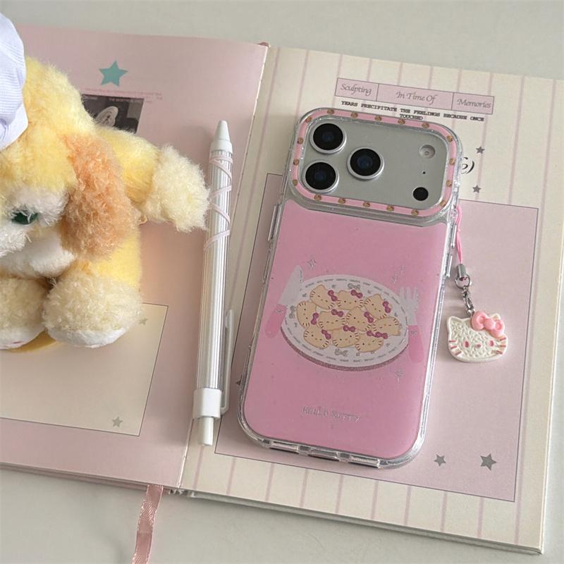 Matching Hello Kitty Charm Wrist Strap Pink Glitter Cookie Print Phone Case For iPhone 14 15 16 17 Pro Max INS Cute Shockproof C