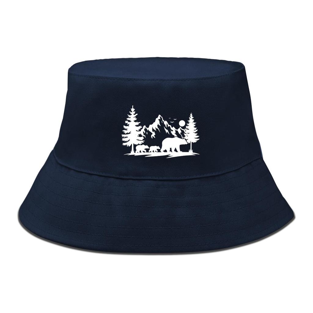 Bucket Hat With White Forest Mountains Print , Animal Fisherman Hat Solid Color Beach Simple Beach Cap