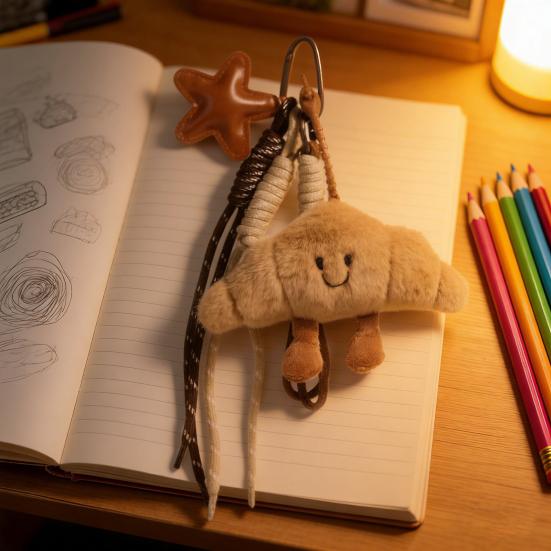 Cute Plush Keychain with Face Soft Fluffy Croissant Baguette Pendant Smiling Bread Bag Charm
