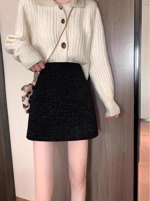Women's Woolen Sequined High-Waisted A-Line Bodycon Skirt - Winter 2025 Petite French Style