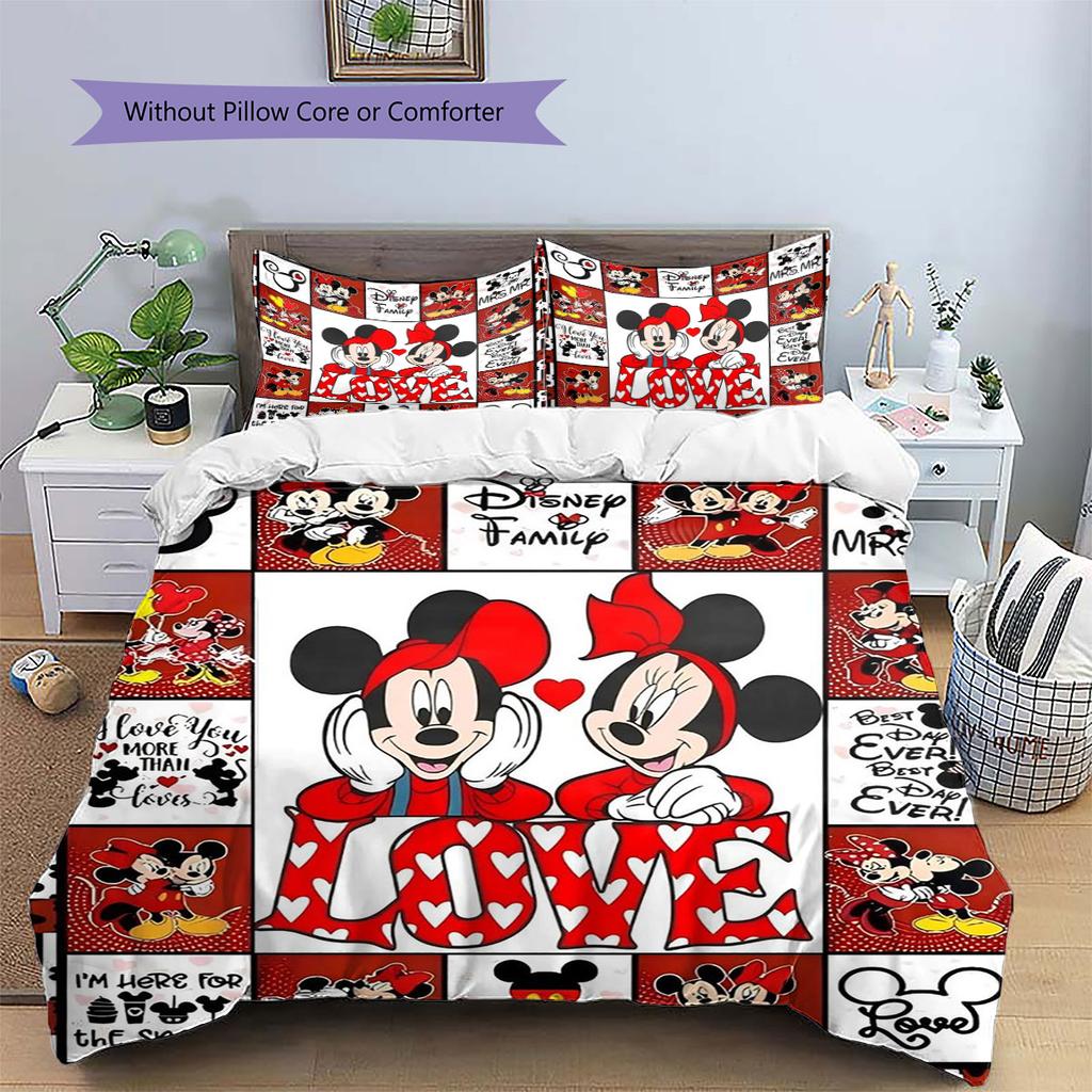 Red Patchwork Mickey & Minnie Couple Print Bedding Set, A Warm and Comfortable Choice for Decorating A Child's Bedroom.