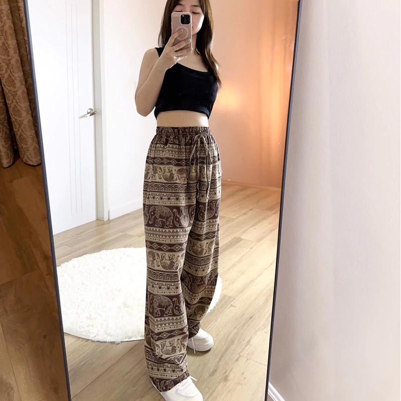 Elephant Pants Women Men Unisex Premium Japanese Silk Print Thailand Casual Streetwear Beach Bohemian Retro Vintage Adjustable Rope Loose Legs