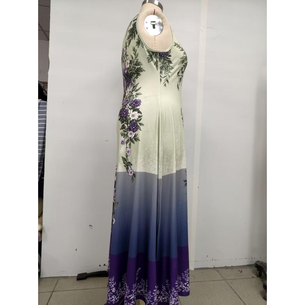 Summer New Plus Size Women's Elegant Sleeveless V-neck Print Long Dress Leisure