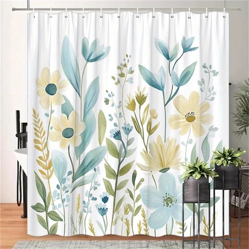 Цветочная акварельная шторка для душа - Пастельно-желтые ромашки и синие цветы, Полиэстер, 12 крючков, 70,8x70,8 дюймов, Легко чистить W90xH180cm