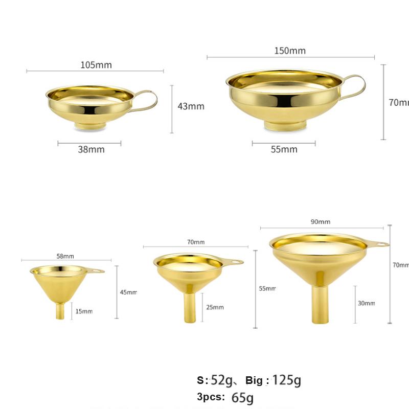 3pcs/set Golden Stainless Steel Wide Mouth Funnel Household Mini Funnel Filling Salad Jam Jam Large Bore Funnel