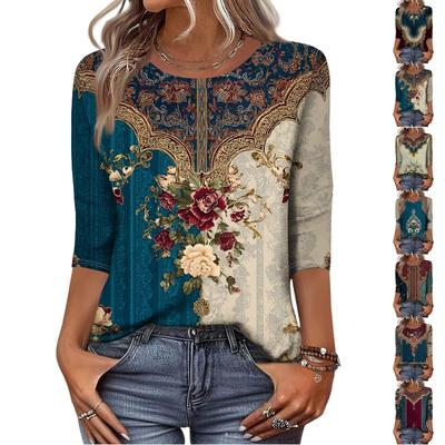Modny Top Vintage z Rękawem 3/4 dla Kobiet, Damska Casualowa Bluzka T-Shirt z Rękawem Trzy Czwarte i Okrągłym Dekoltem z Nadrukiem