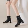 Móda 2025 Podzim Nové Pravá Kůže Dámské Kotníkové Boty Černé Burgundské Vysoký Hrubý Podpatek Čtvercová Špička Boty Módní Dámské Kotníkové Boty