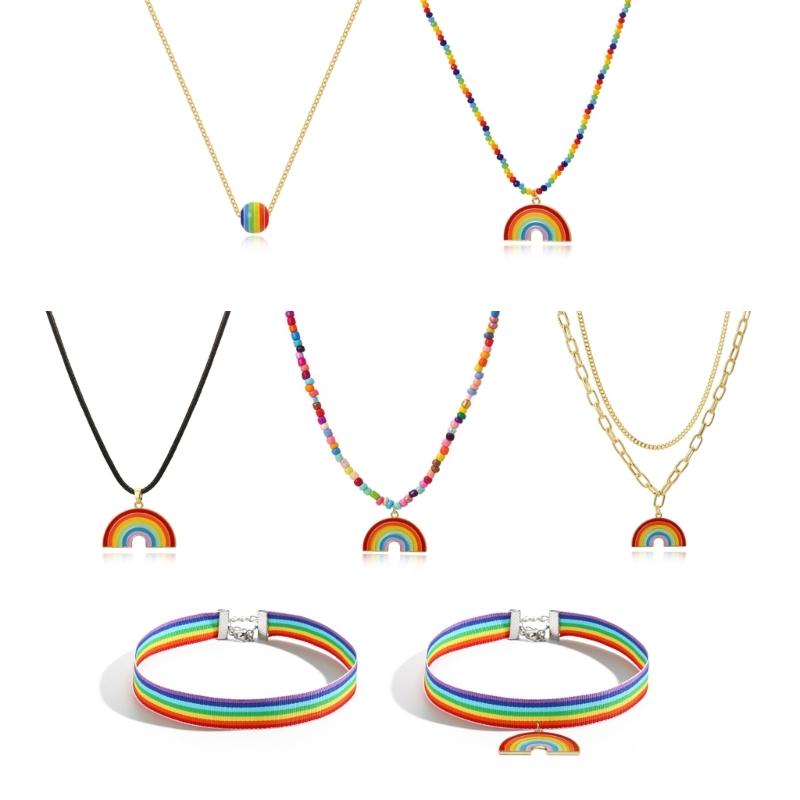 Fashion Rainbow Pendant Necklace Choker Neck Chain Elegant Clavicle Chain Handmade Beaded Necklace Statement Jewelry