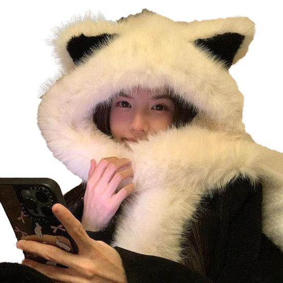 Women Hat Fox Ear Shape Thickened Plush Warm Winter Hat with Scarf Design Outdoor Activities Warm Headwear