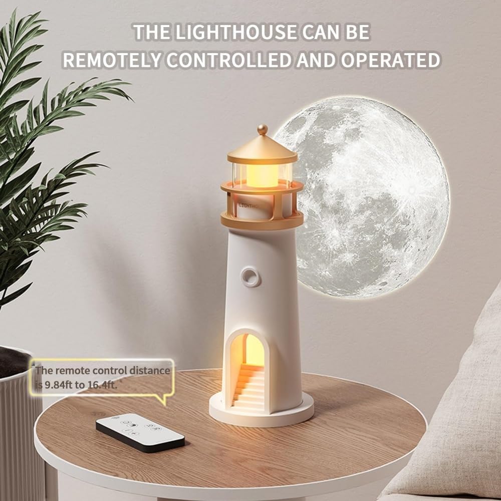 Lighthouse Moon Lamp Projector, LED Night Light with Remote Control, Lunar Projection, Adjustable Brightness, Timer, and Bluetooth Speaker for